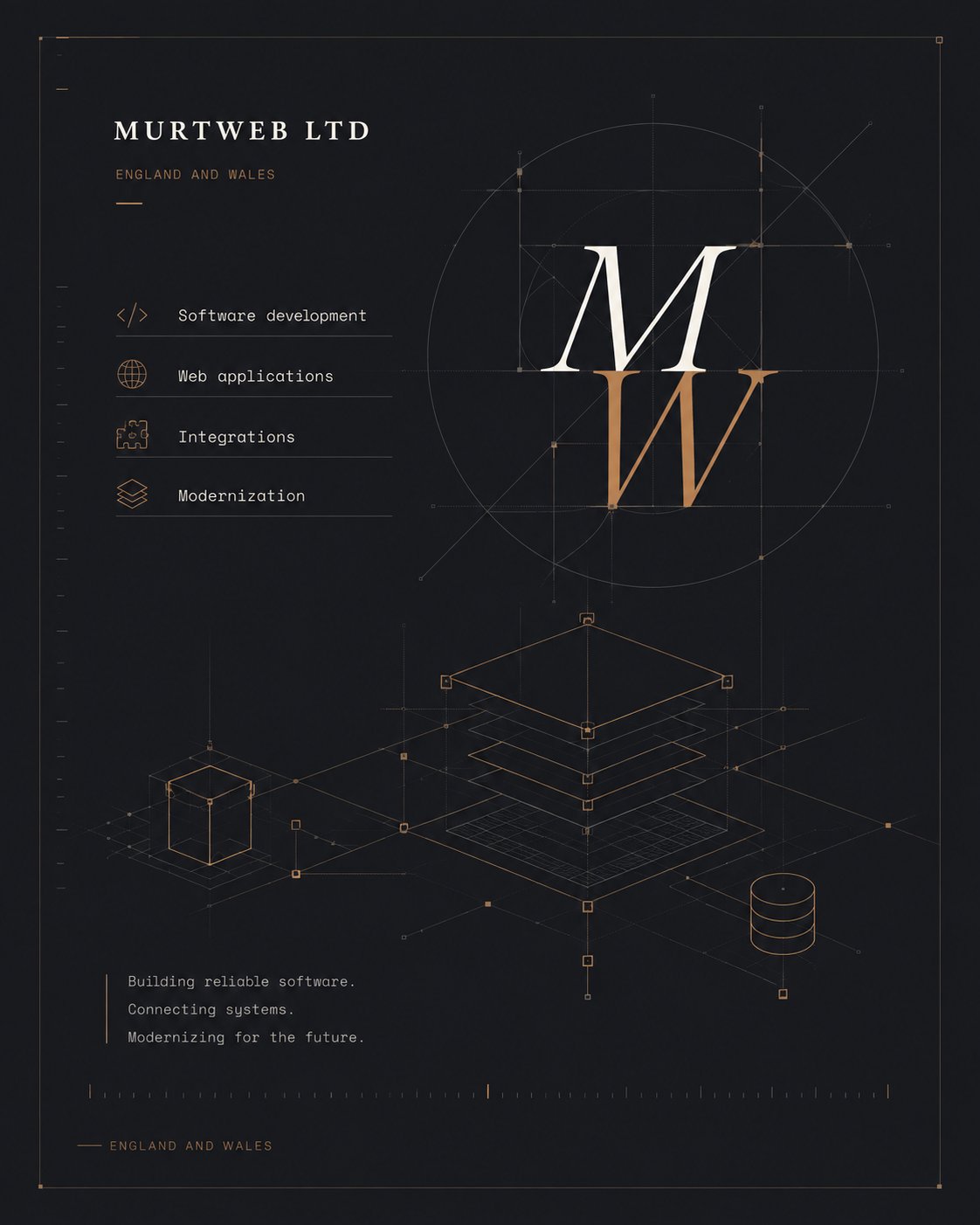 Premium technical identity graphic for MURTWEB LTD, showing software development, web applications, integrations and modernization capabilities.
